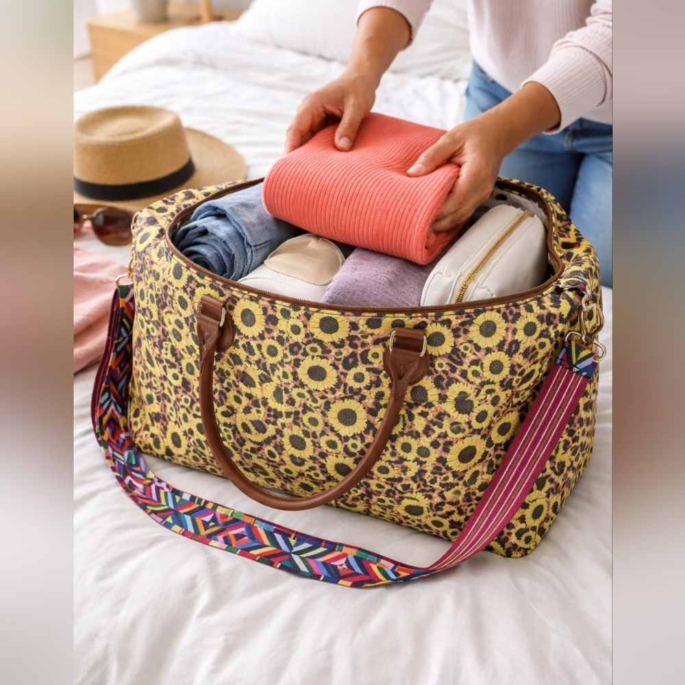 Like New Sunflower Patterned Overnight Bag With Guitar Style Carrying Strap